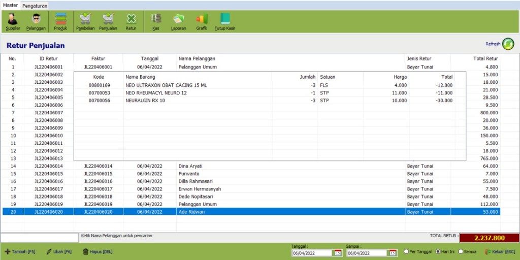 Tampilan Menu Retur Penjualan