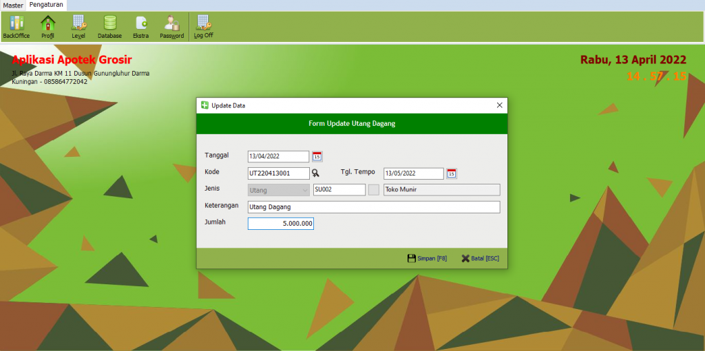 Tampilan Menu Update Utang dan Piutang