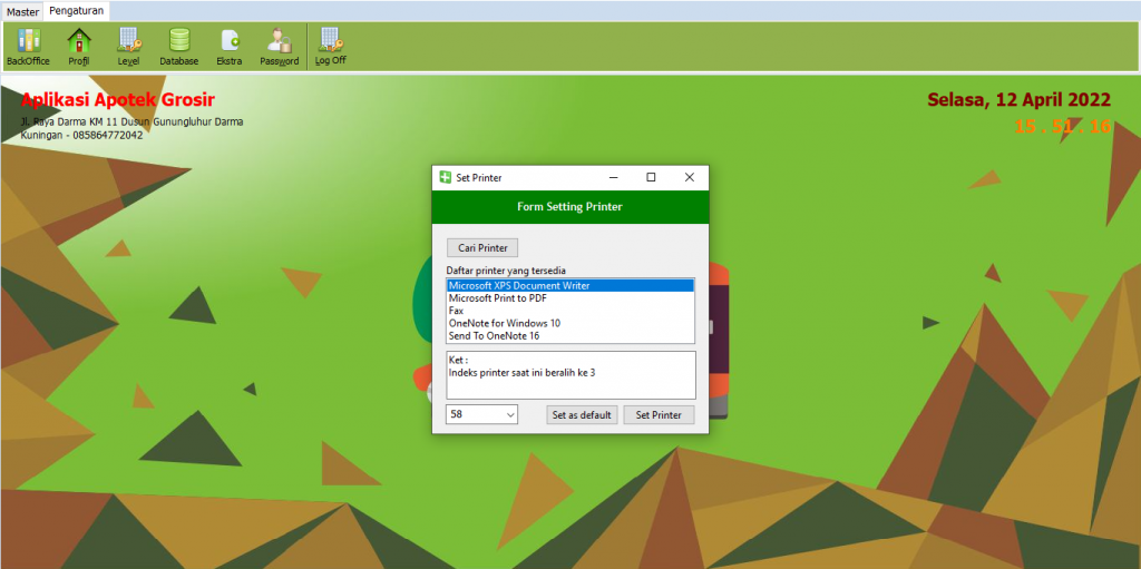Tampilan Menu Setting Printer